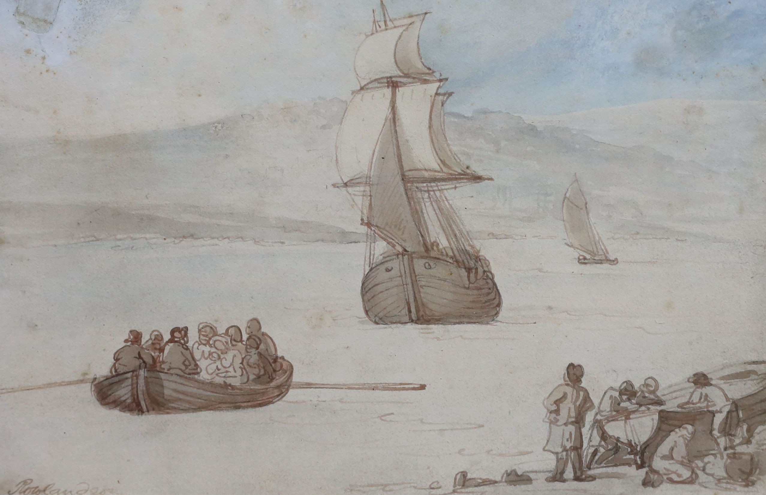 Thomas Rowlandson (1756-1827), 'Embarking', coastal scene with figures in a rowing boat, a sailing ship beyond and boatmen on the shore, ink and watercolour, 17 x 26cm
